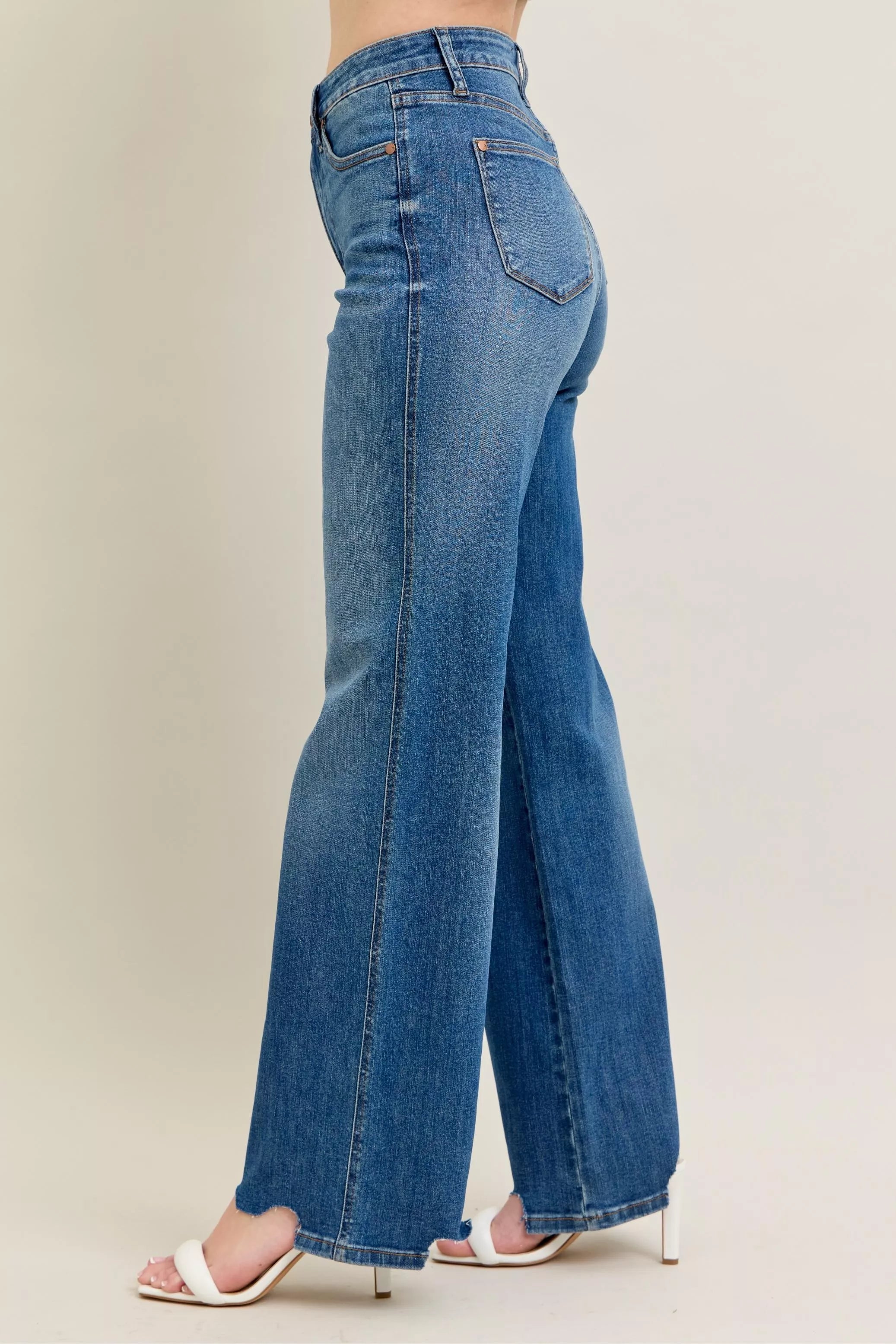 Judy Blue Judy Blue Full Size High Waist Tummy Control Chew Hem Destroy Wide Jeans Plus Size