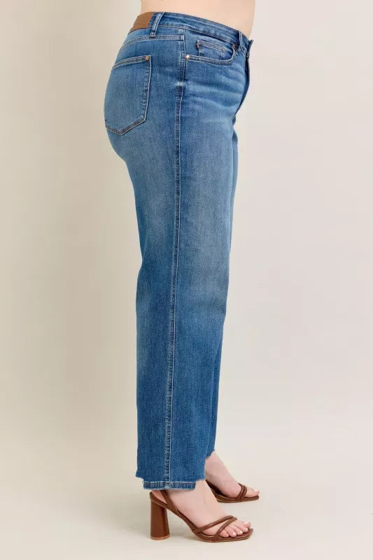 Judy Blue Judy Blue Full Size High Waist Tummy Control Chew Hem Destroy Wide Jeans Plus Size