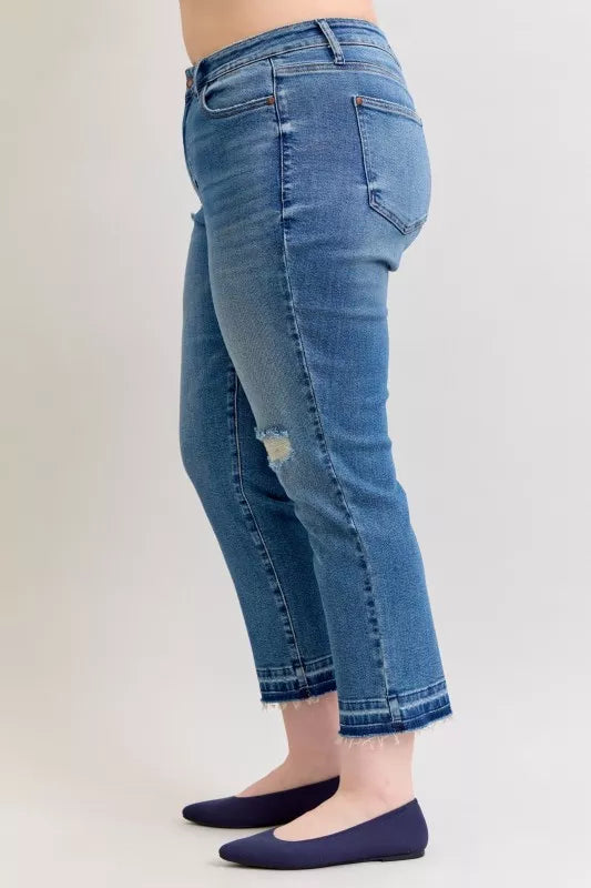 Judy Blue Judy Blue Full Size Mid Rise Bf Patch & Repair Destroy Release Hem Jeans Plus Size