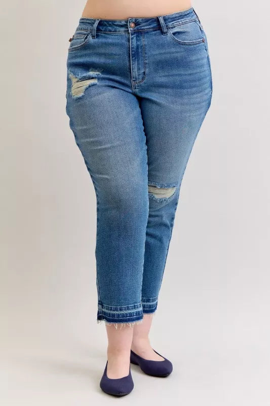 Judy Blue Judy Blue Full Size Mid Rise Bf Patch & Repair Destroy Release Hem Jeans Plus Size