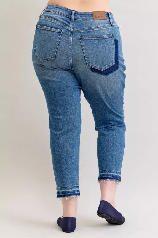Judy Blue Judy Blue Full Size Mid Rise Bf Patch & Repair Destroy Release Hem Jeans Plus Size