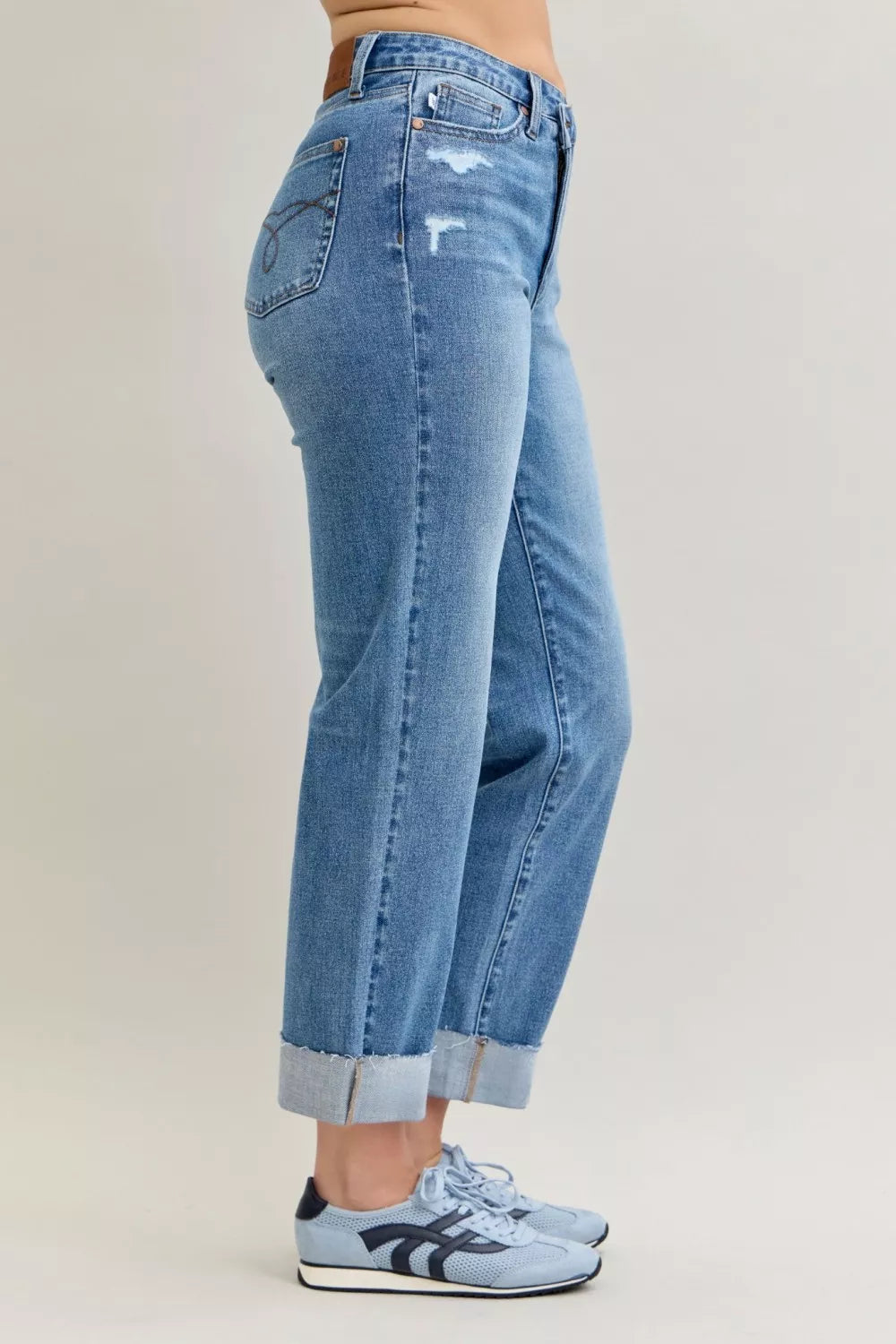 Judy Blue Judy Blue High Waist Bf Criss-cross Mild Destroy Jeans with Single Cuff