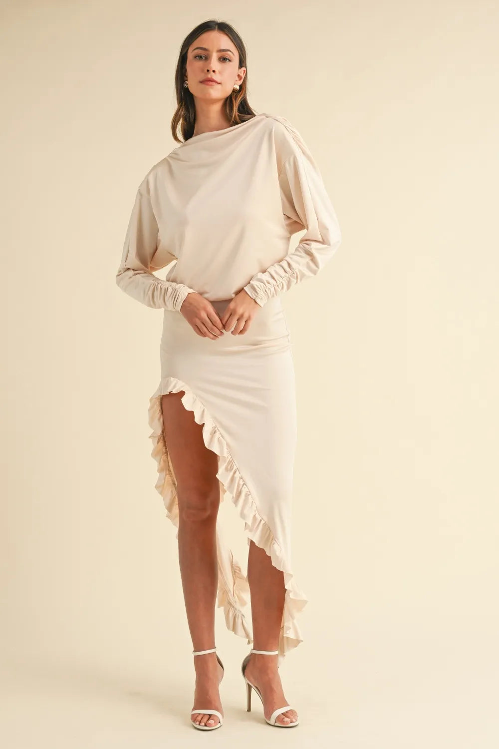 MABLE Cream / S Mable Backless Asymmetric Ruffle Hem Dress