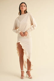MABLE Cream / S Mable Backless Asymmetric Ruffle Hem Dress