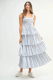 MABLE dresses Off White / S MABLE Pin Stripe Smocked Bodice Layered Midi Dress