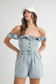 MABLE Jumpsuits & Rompers Lt Denim / S MABLE Off Shoulder Ruffle Detail Denim Romper