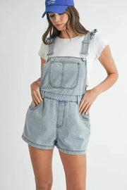 MABLE Jumpsuits & Rompers Lt Denim / S MABLE Square Neck Ruffle Shoulder Denim Overall Romper