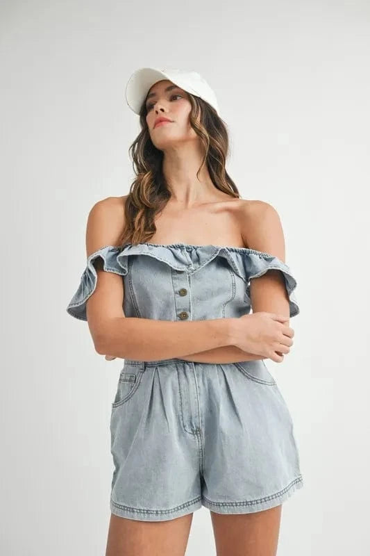 MABLE Jumpsuits & Rompers MABLE Off Shoulder Ruffle Detail Denim Romper