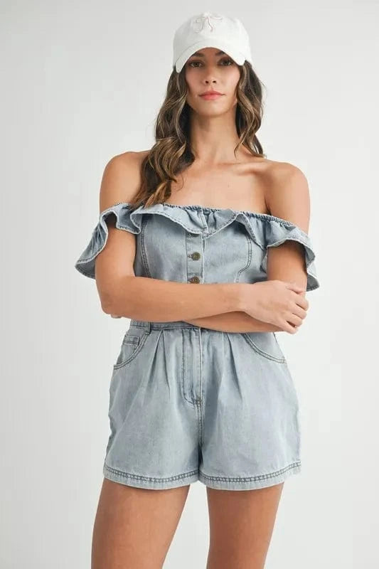 MABLE Jumpsuits & Rompers MABLE Off Shoulder Ruffle Detail Denim Romper
