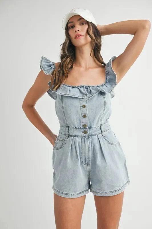 MABLE Jumpsuits & Rompers MABLE Off Shoulder Ruffle Detail Denim Romper