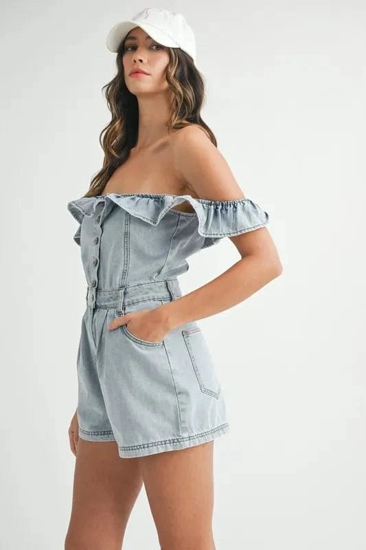 MABLE Jumpsuits & Rompers MABLE Off Shoulder Ruffle Detail Denim Romper