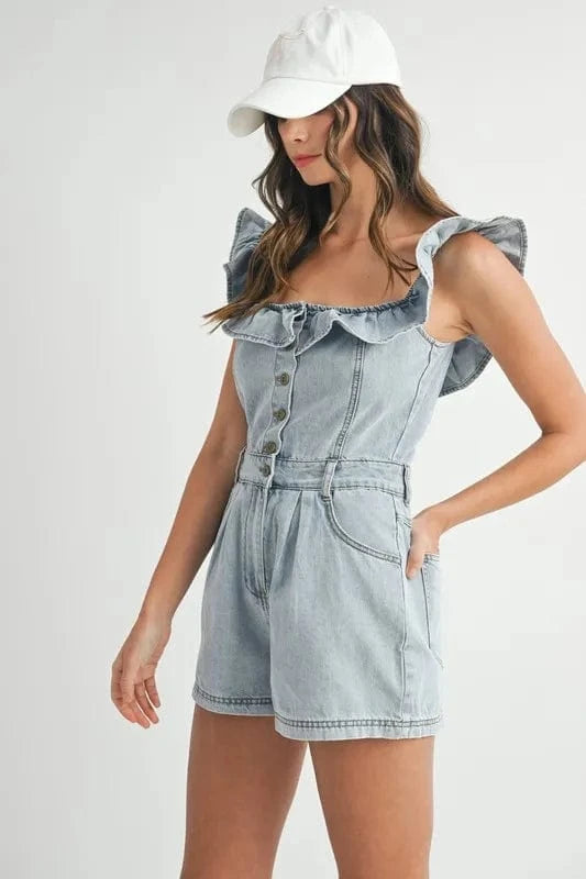 MABLE Jumpsuits & Rompers MABLE Off Shoulder Ruffle Detail Denim Romper