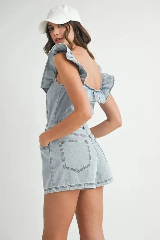 MABLE Jumpsuits & Rompers MABLE Off Shoulder Ruffle Detail Denim Romper
