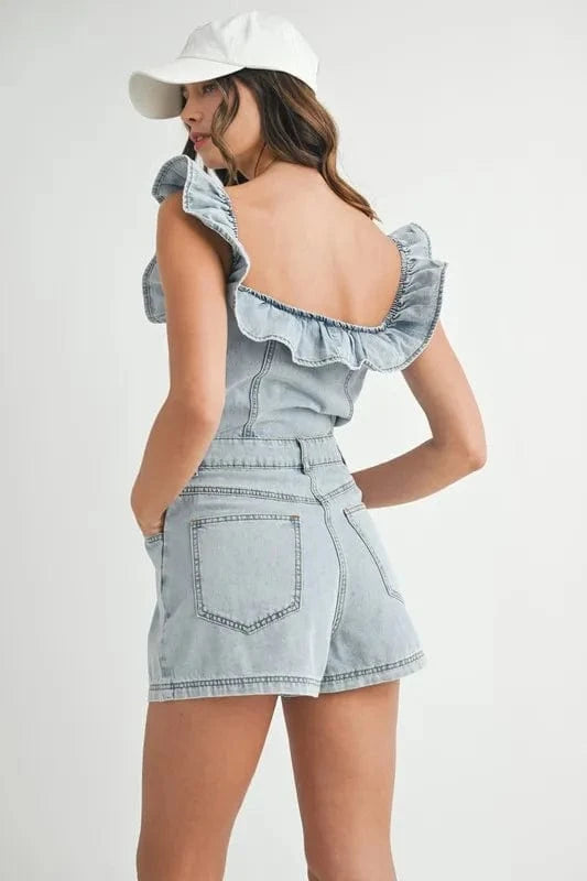 MABLE Jumpsuits & Rompers MABLE Off Shoulder Ruffle Detail Denim Romper