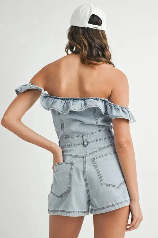MABLE Jumpsuits & Rompers MABLE Off Shoulder Ruffle Detail Denim Romper