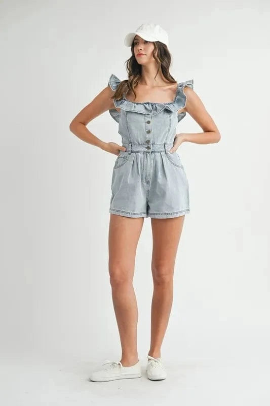 MABLE Jumpsuits & Rompers MABLE Off Shoulder Ruffle Detail Denim Romper