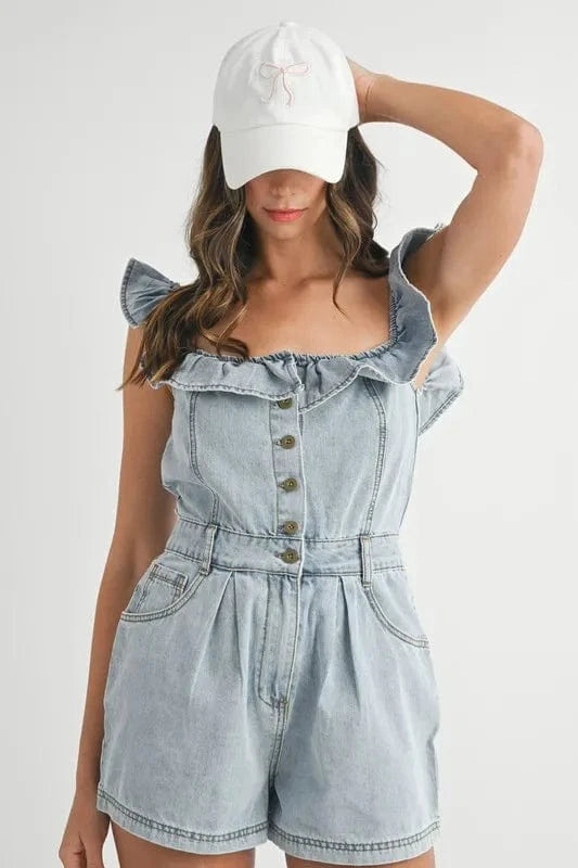 MABLE Jumpsuits & Rompers MABLE Off Shoulder Ruffle Detail Denim Romper