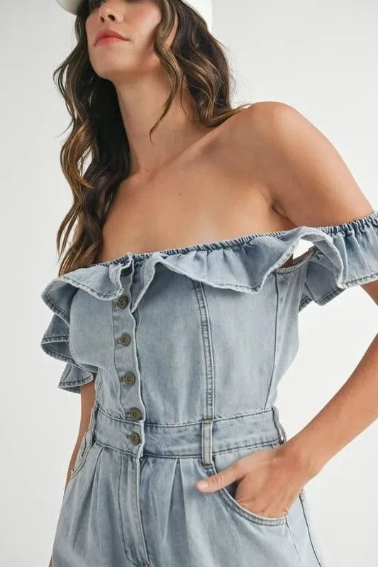 MABLE Jumpsuits & Rompers MABLE Off Shoulder Ruffle Detail Denim Romper