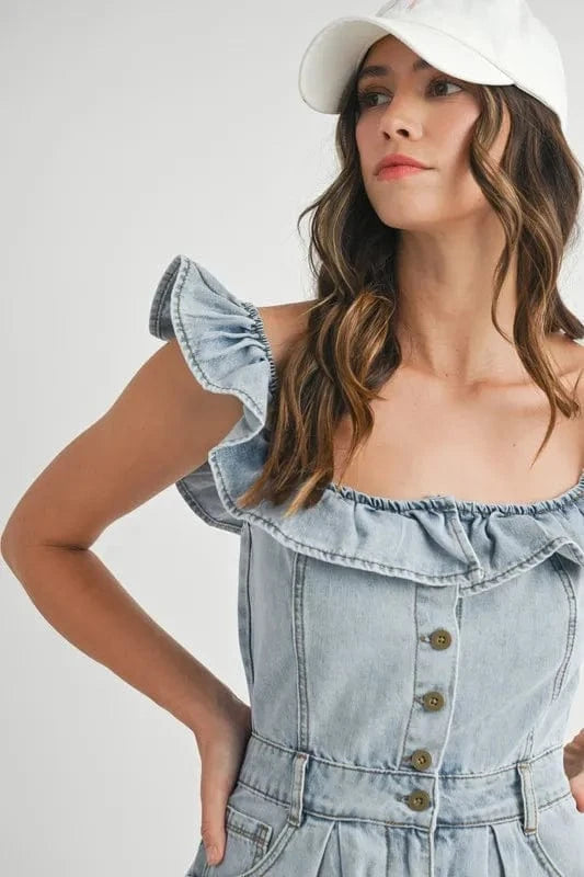 MABLE Jumpsuits & Rompers MABLE Off Shoulder Ruffle Detail Denim Romper