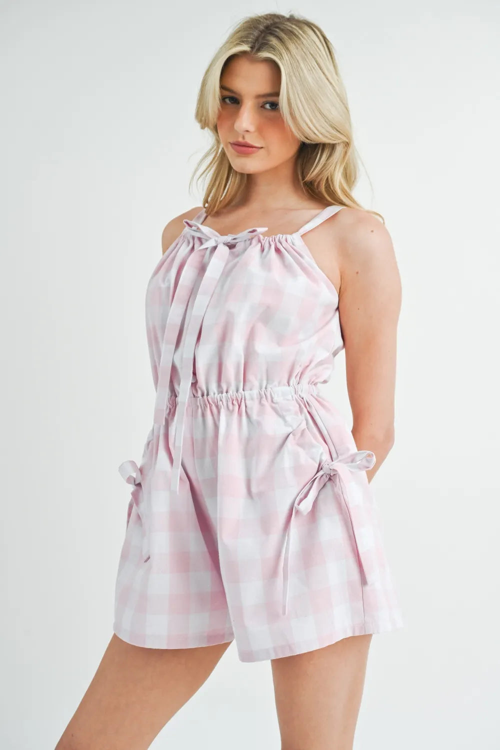 MABLE MABLE Plaid Sleeveless Button Down Romper