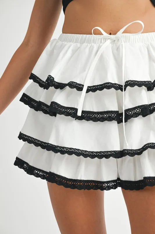 MABLE MABLE Poplin Ruffle Layered Contract Lace Trim Mini Skirt