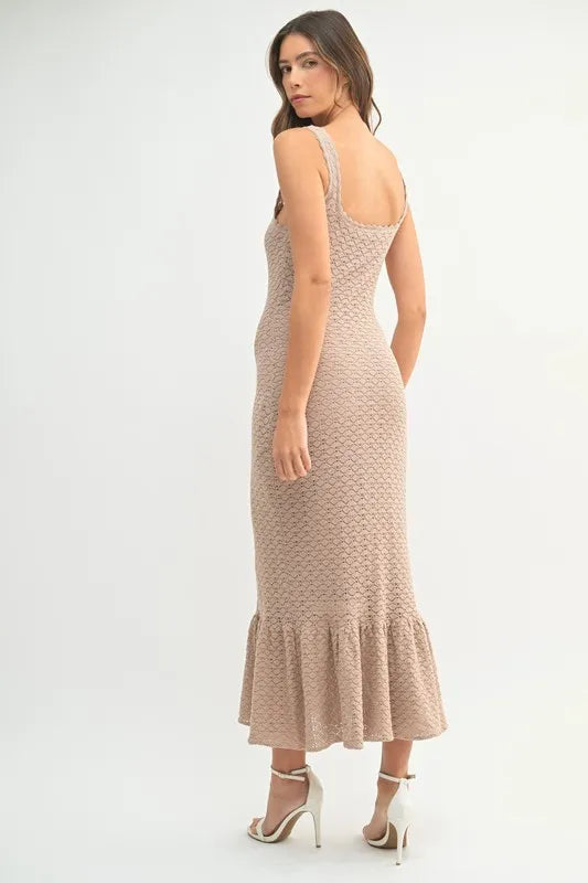 MABLE Sweater Dresses MABLE Ruffled Hem Sleeveless Crochet Knit Midi Dress