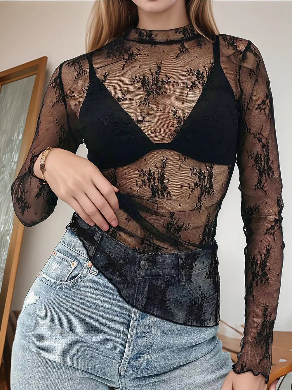 Mandy Black / S Floral Mock Neck Long Sleeve Mesh Top