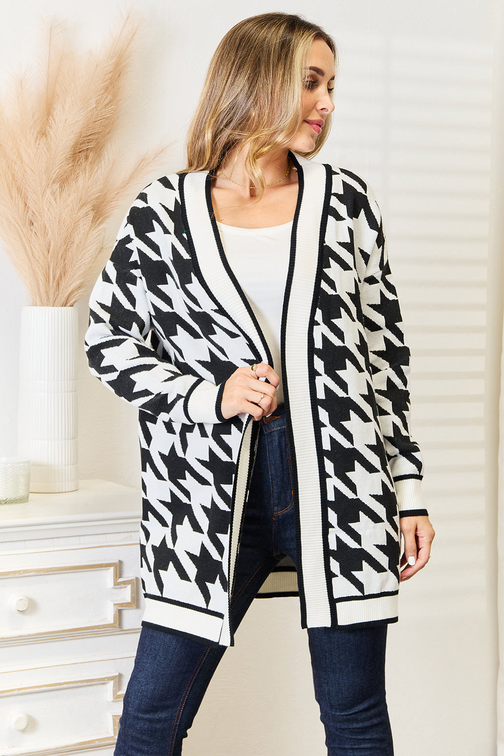 Mandy Black / S Mandy Woven Right Houndstooth Open Front Longline Cardigan