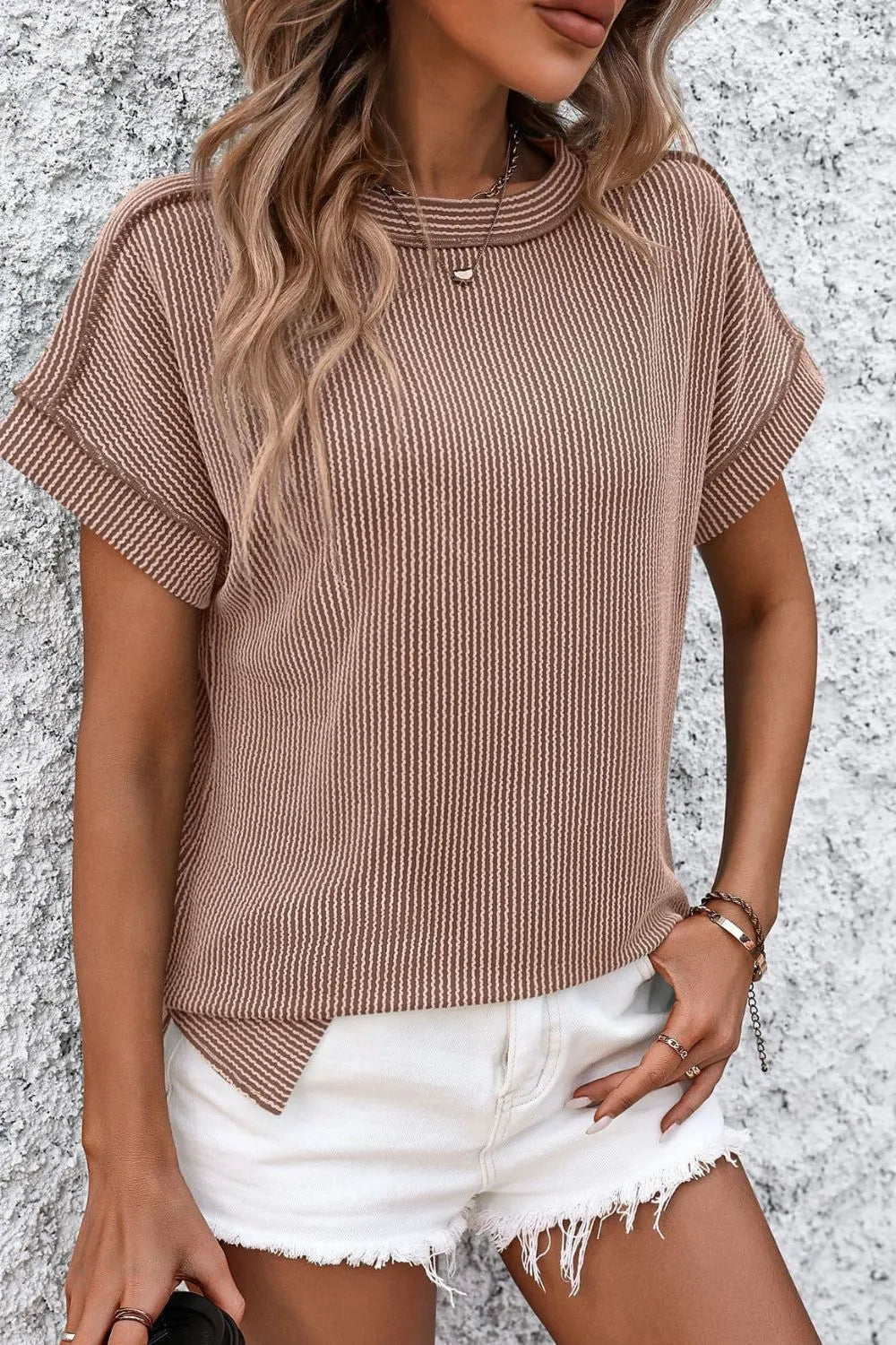 Mandy Camel / S Mandy Striped Round Neck Short Sleeve T-Shirt