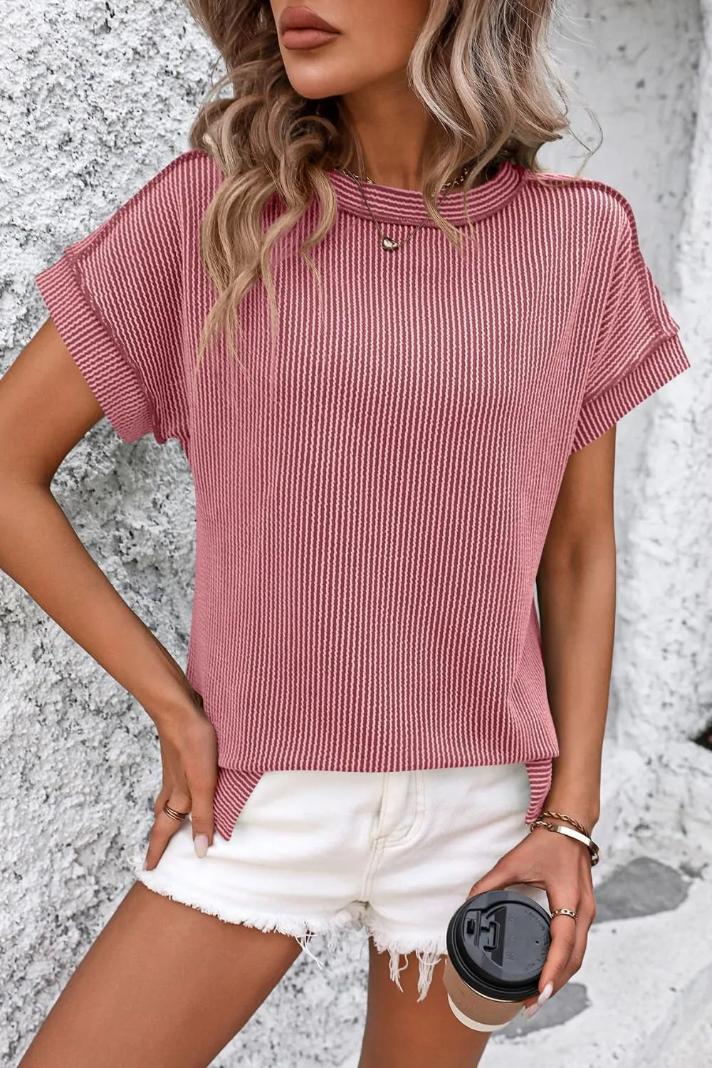 Mandy Deep Rose / S Mandy Striped Round Neck Short Sleeve T-Shirt