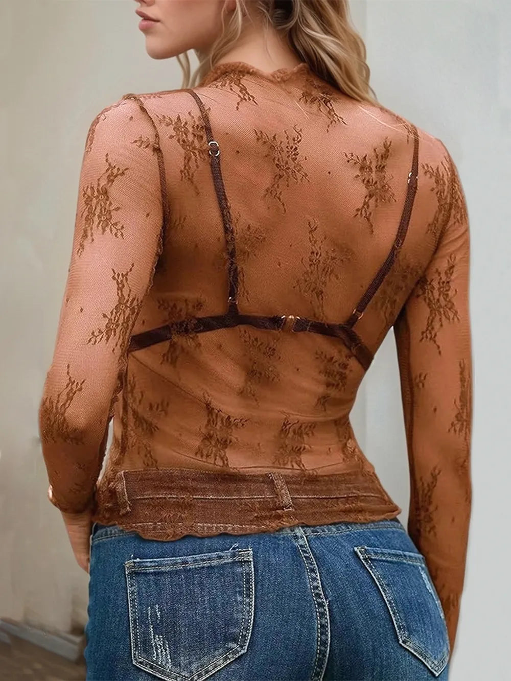 Mandy Floral Mock Neck Long Sleeve Mesh Top