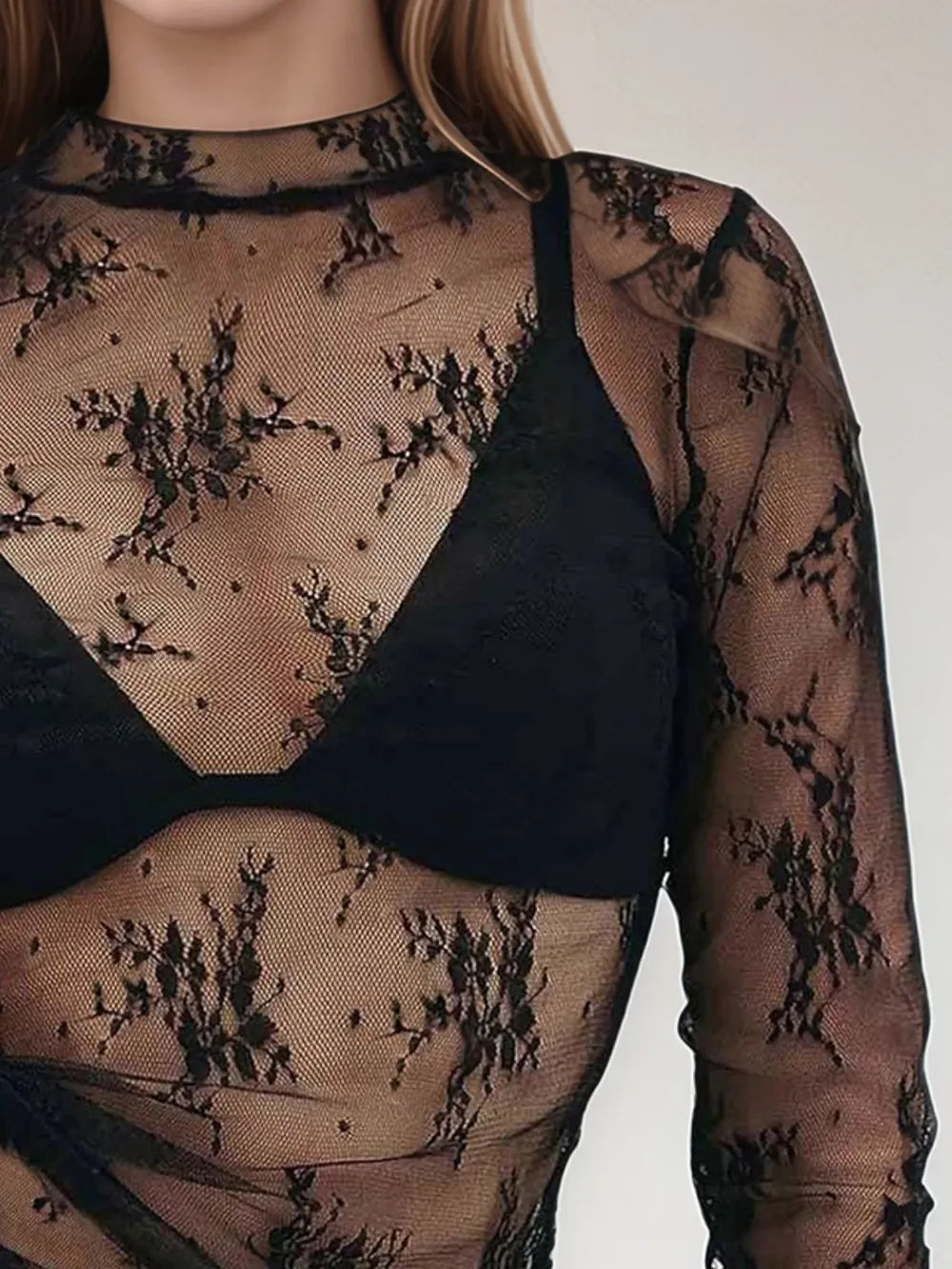 Mandy Floral Mock Neck Long Sleeve Mesh Top