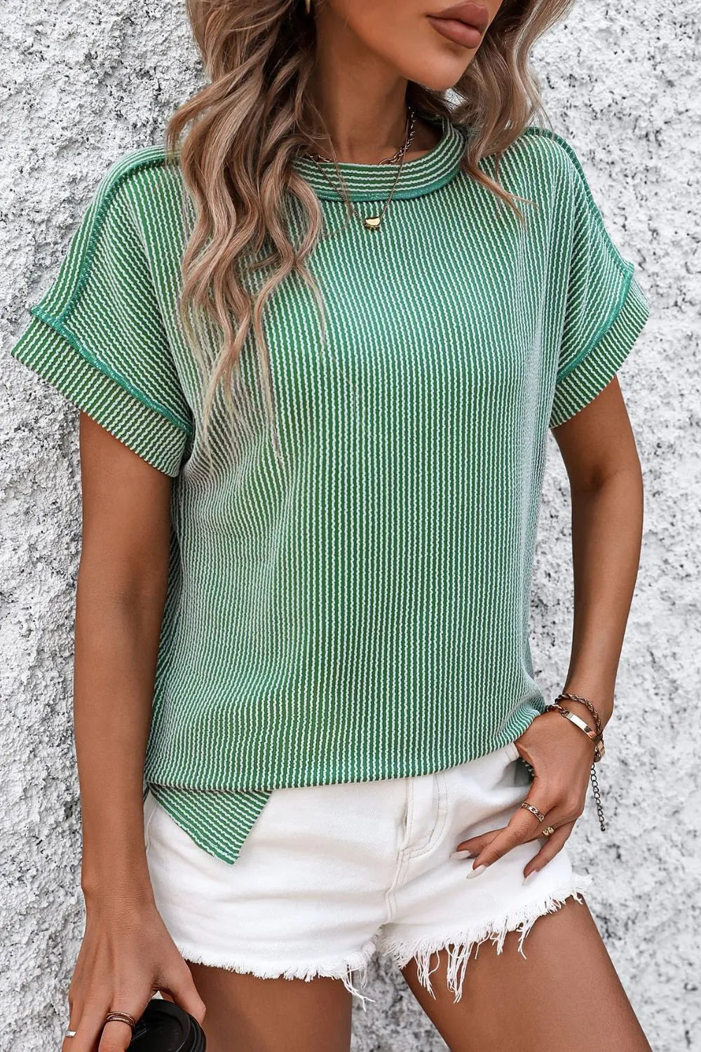 Mandy Green / S Mandy Striped Round Neck Short Sleeve T-Shirt