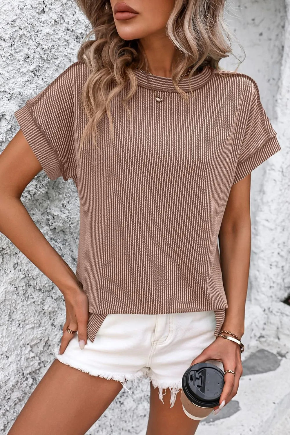 Mandy Mandy Striped Round Neck Short Sleeve T-Shirt