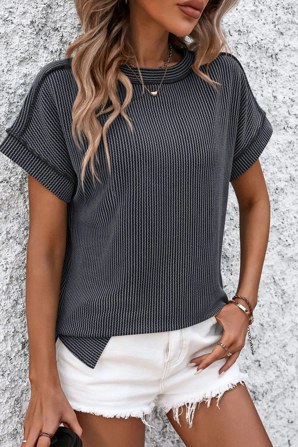 Mandy Mandy Striped Round Neck Short Sleeve T-Shirt