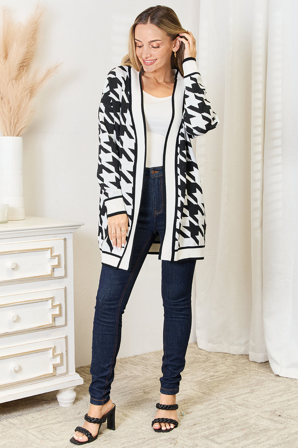 Mandy Mandy Woven Right Houndstooth Open Front Longline Cardigan