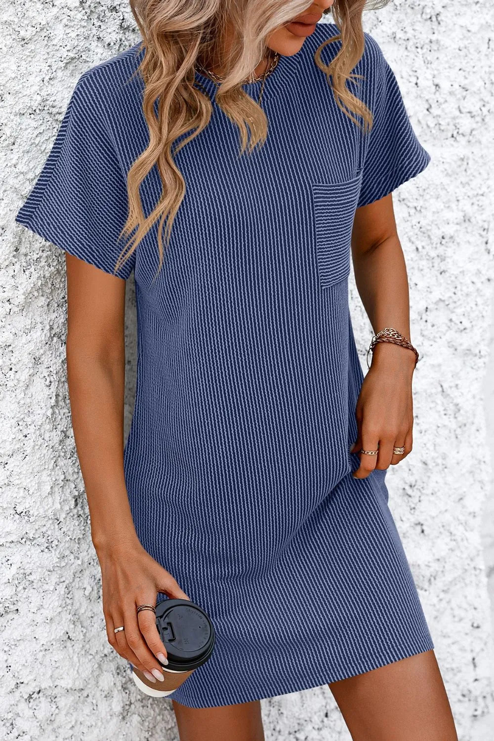 Mandy Ribbed Striped Short Sleeve Mini Tee Dress with Pockets – Casual Chic
