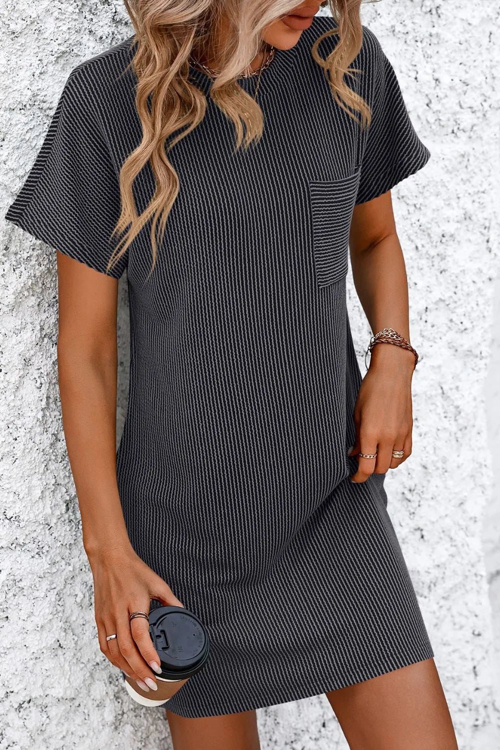 Mandy Ribbed Striped Short Sleeve Mini Tee Dress with Pockets – Casual Chic