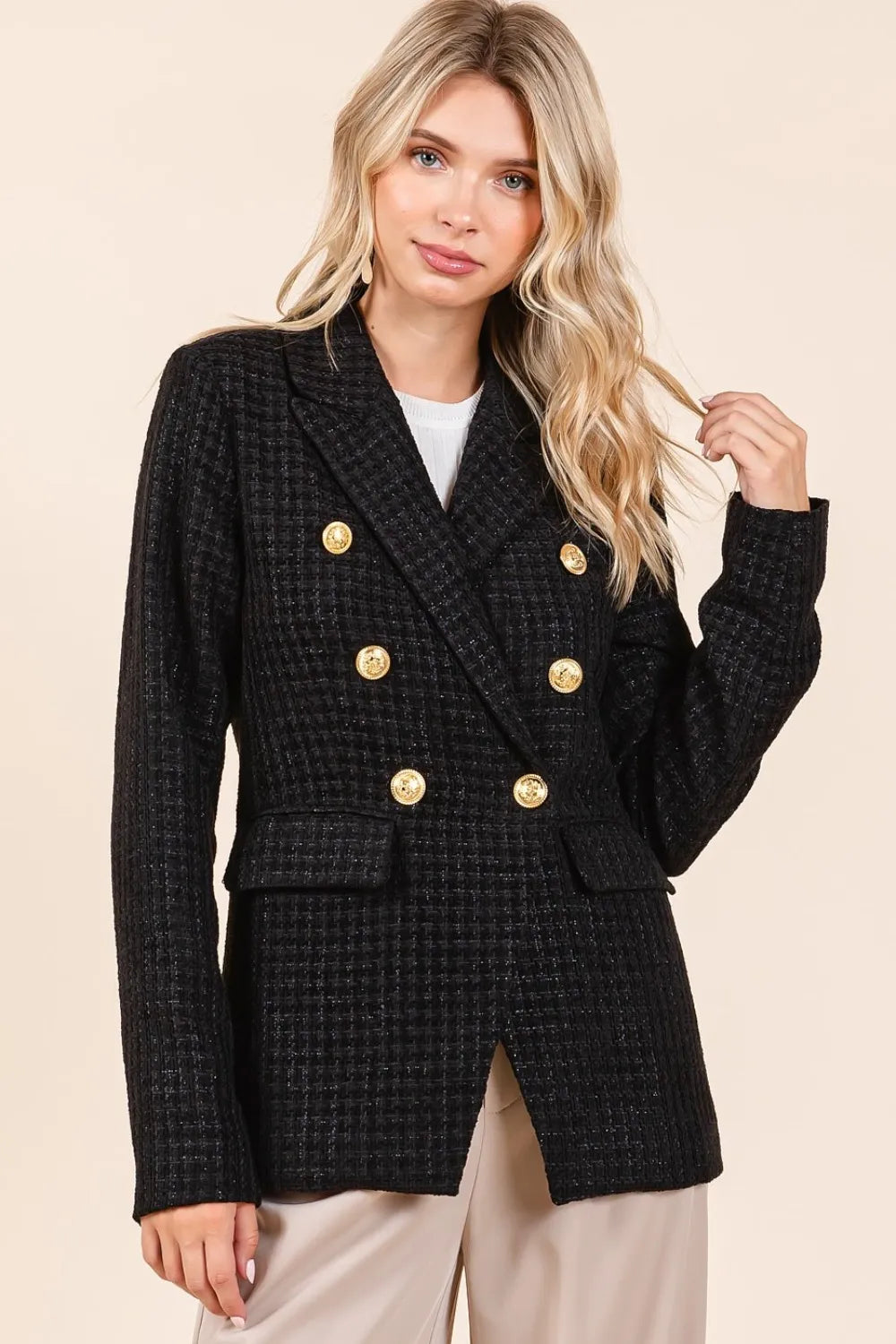 Mittoshop Blazers Mittoshop Plaid Texture Double-Breasted Long Sleeve Blazer