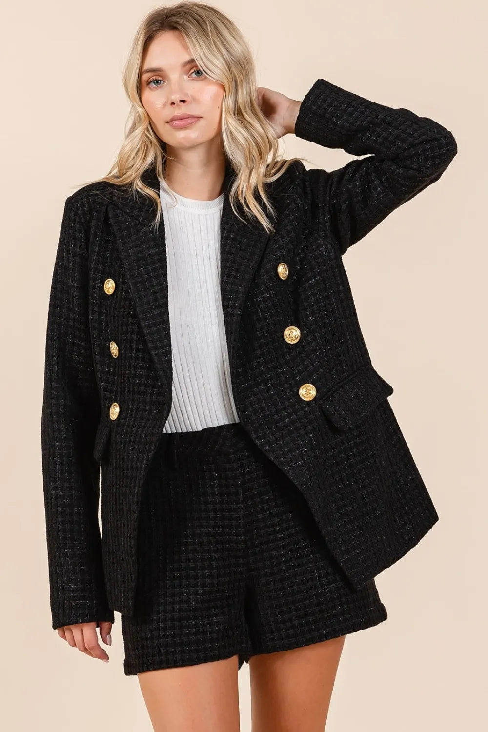Mittoshop Blazers Mittoshop Plaid Texture Double-Breasted Long Sleeve Blazer