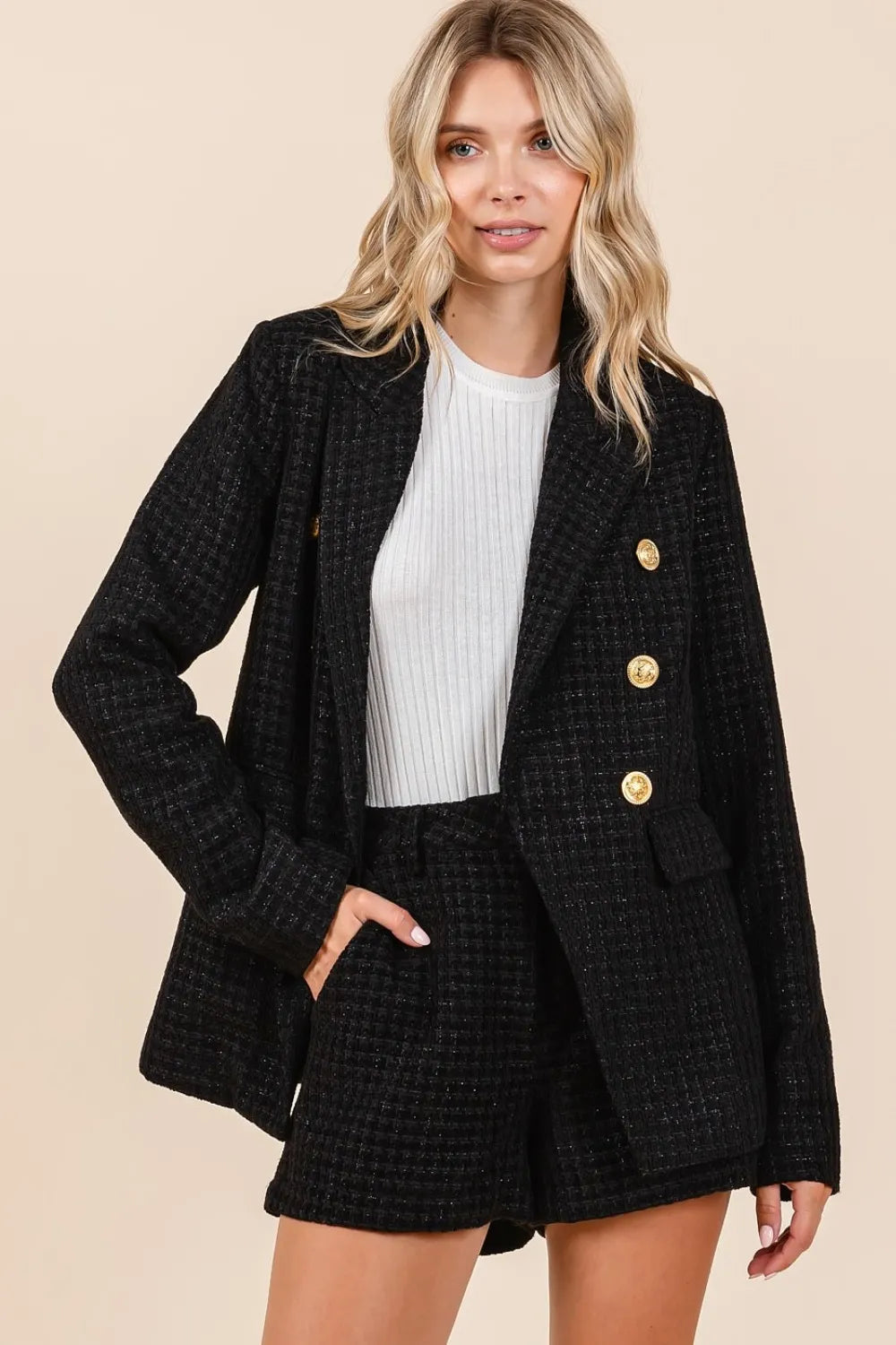 Mittoshop Blazers Mittoshop Plaid Texture Double-Breasted Long Sleeve Blazer