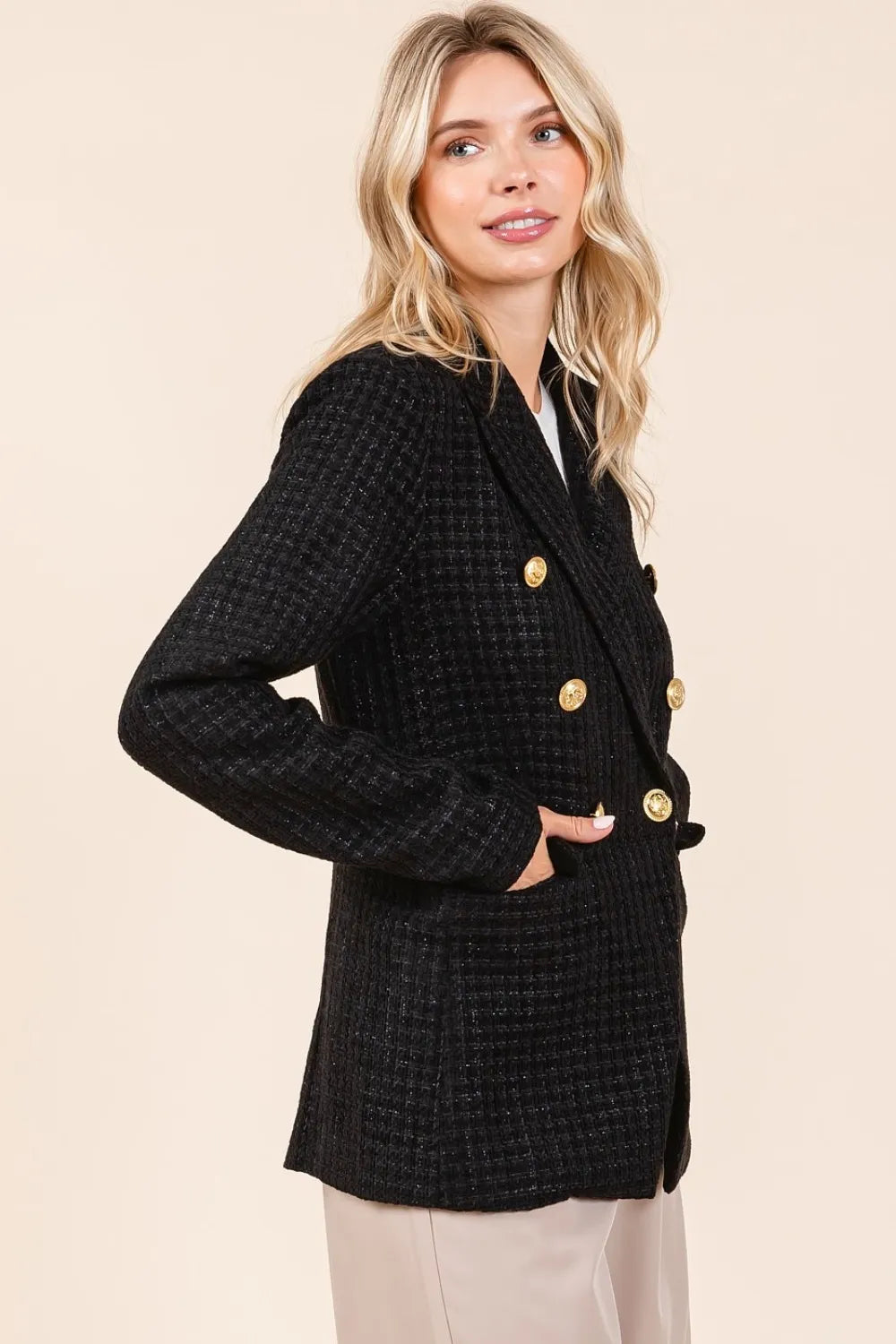 Mittoshop Blazers Mittoshop Plaid Texture Double-Breasted Long Sleeve Blazer