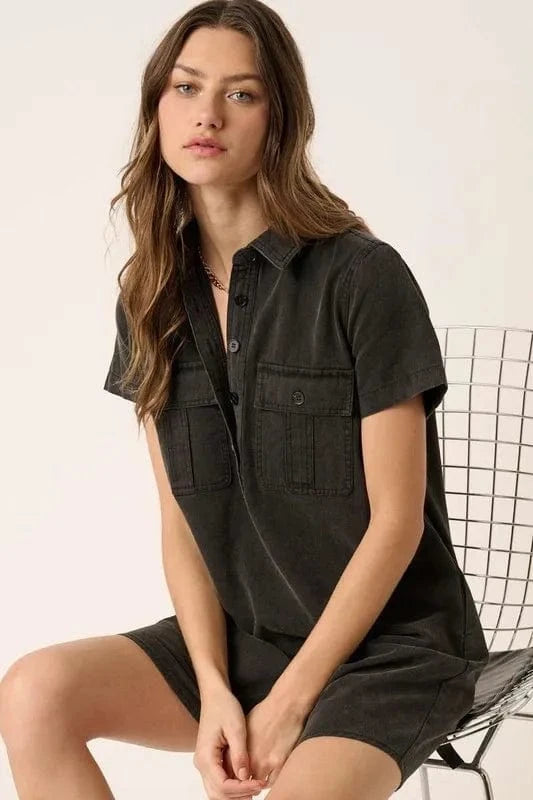 Mittoshop dresses Black / S Mittoshop Button Detail Collared Neck Short Sleeve Shirt Dress