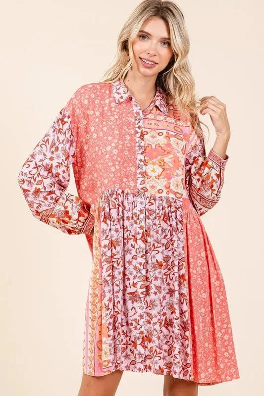 Mittoshop dresses Mittoshop Floral Button Detail Long Sleeve Shirt Dress