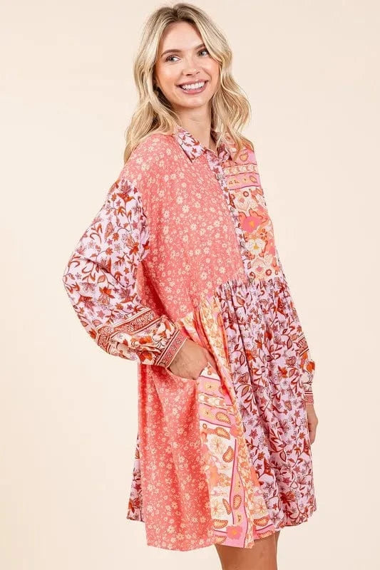 Mittoshop dresses Mittoshop Floral Button Detail Long Sleeve Shirt Dress