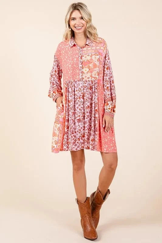 Mittoshop dresses Mittoshop Floral Button Detail Long Sleeve Shirt Dress