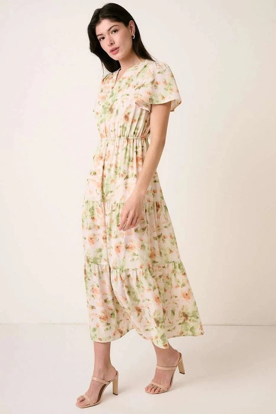 Mittoshop dresses Mittoshop Flower Print Flutter Sleeve V Slit Maxi Dress
