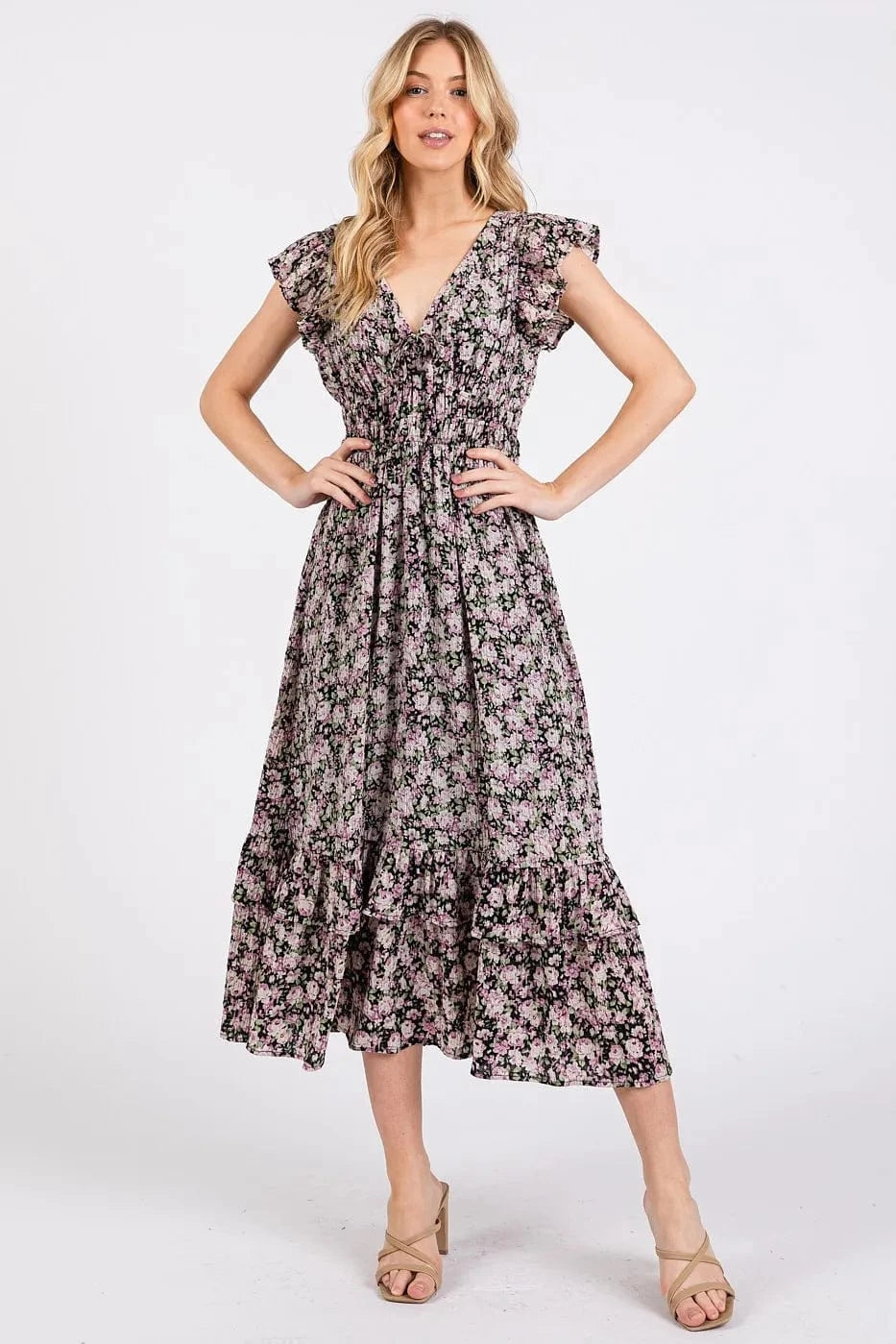 Mittoshop dresses Mittoshop Flower Print Ruffle Cap Sleeve V-neck Midi Dress
