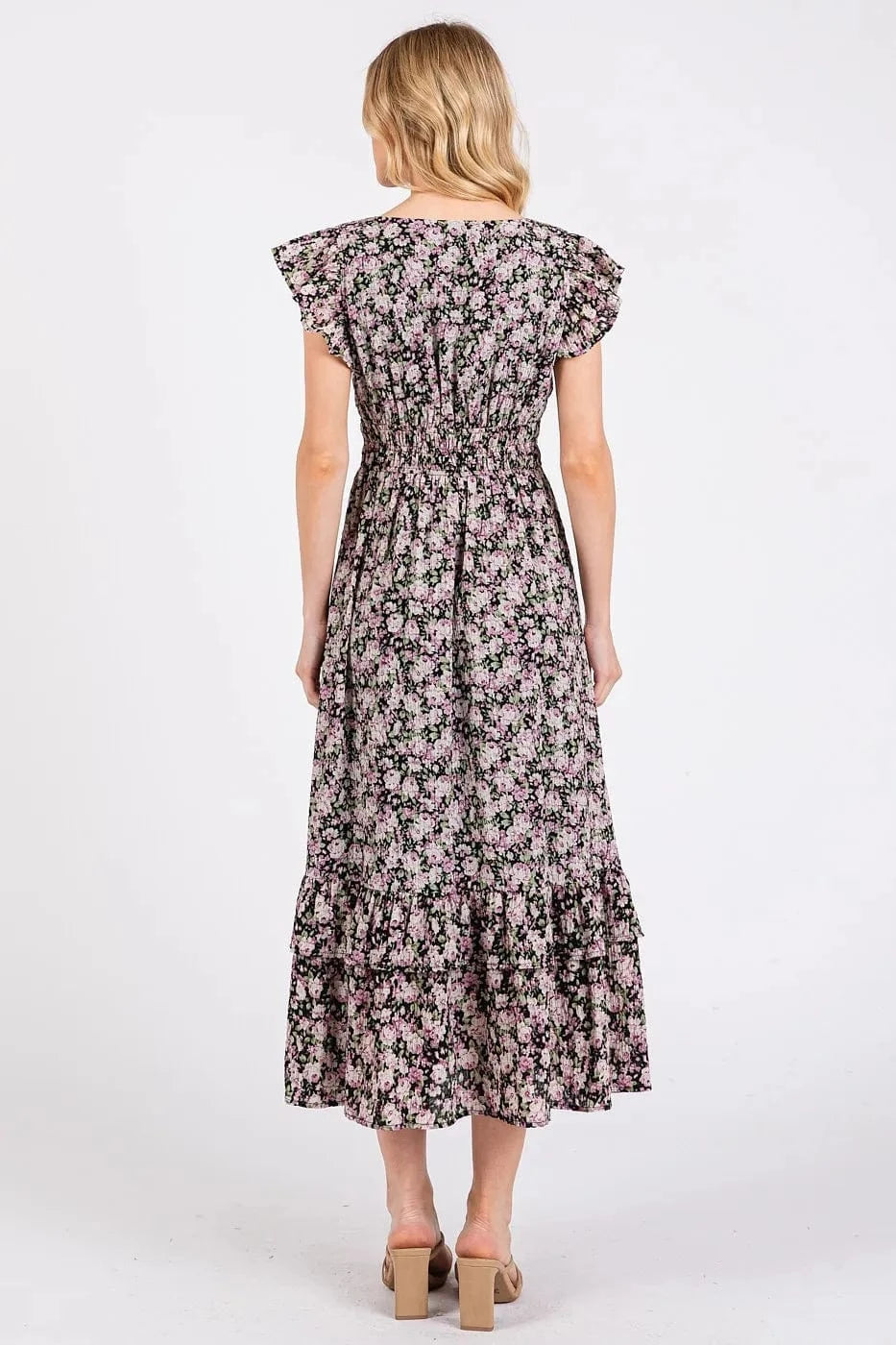 Mittoshop dresses Mittoshop Flower Print Ruffle Cap Sleeve V-neck Midi Dress