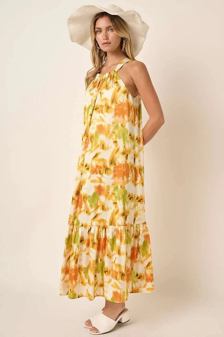 Mittoshop dresses Mittoshop Watercolor Print Halter Neck Satin Maxi Dress